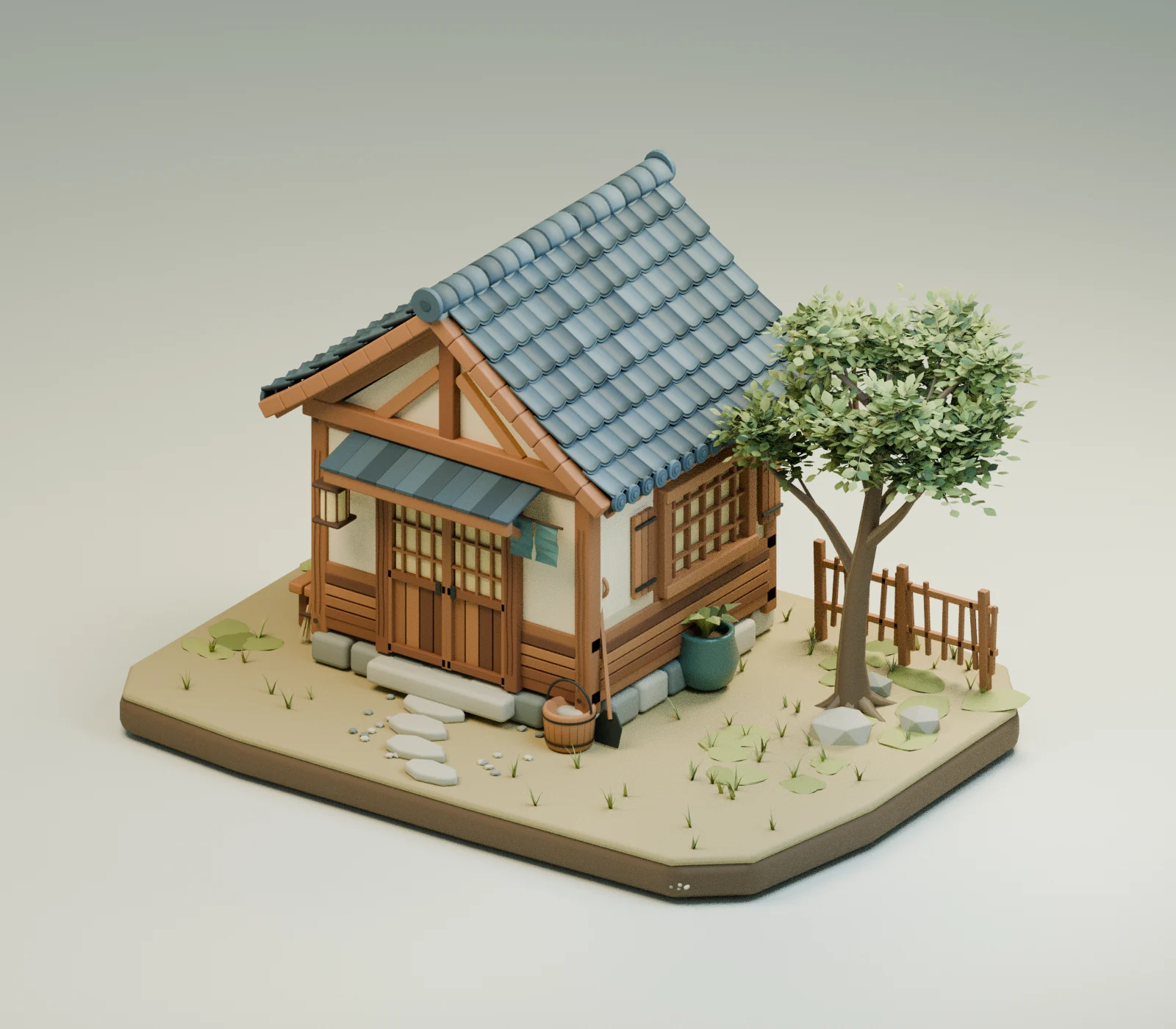 青い瓦屋根の小さな茶屋と緑の木のBlenderレンダー