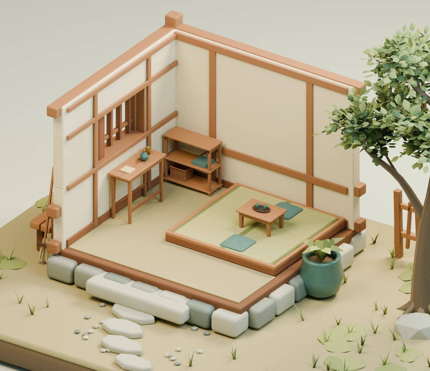 屋根と壁を外した茶屋の内部のBlenderレンダー